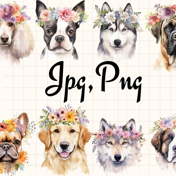 Watercolor Floral Dog PNG Clipart\ Dogs with flower crowns Blossom Wreath Wedding dog portrait Puppy party\ Instant download Commercial use