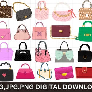 May include: A collection of seventeen illustrated handbags in various shapes, colors, and styles, including quilted, solid, and patterned designs with gold-tone hardware, chains, bows, and heart accents, presented on a white grid background.