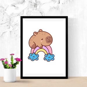 May include: A brown capybara with a pink nose and big eyes sits on top of a rainbow with blue clouds. The rainbow is pink, purple, yellow, and white.