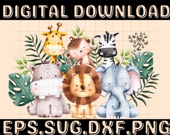 May include: Digital download graphic featuring a collection of watercolor safari animals, including a giraffe, monkey, zebra, hippo, lion, and elephant, surrounded by green leaves and butterflies. The text "DIGITAL DOWNLOAD" and file types are displayed.