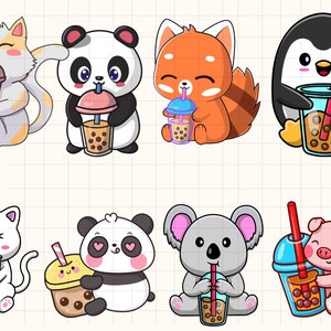 Süße Tiere trinken Boba Tee Clipart\ Transparentes PNG Bundle\ Set Kawaii Tier Cartoon\ Bunte Illustration\ Bubble Tea Grafiken Kinder
