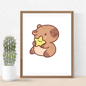 May include: A brown cartoon bear holding a yellow star with a smiling face. The bear is sitting on a white background.