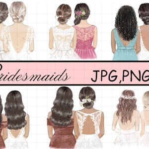 Può includere: Illustrazione di diverse donne in abiti da damigella d'onore, viste da dietro. Gli abiti sono bianchi, rosa e verde acqua, con dettagli in pizzo e floreali. La parola "Bridesmaids" è scritta in corsivo, con "JPG, PNG" sotto.