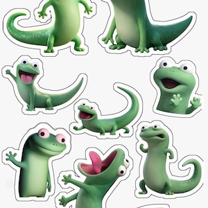 Puede incluir: Colección de pegatinas de lagartos verdes de estilo caricatura en varias poses. Algunos lagartos están de pie, saludando o con la boca abierta. Las pegatinas tienen bordes blancos y son adecuadas para manualidades o decoración.