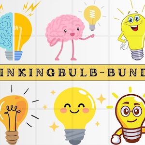 以下が含まれることがあります： 異なる表情とデザインの6つの漫画の電球のセット。電球は黄色で、薄い茶色のベースが付いています。電球は、白い背景に「Thinking Bulb Bundle」と書かれた黄色のバナーがあります。