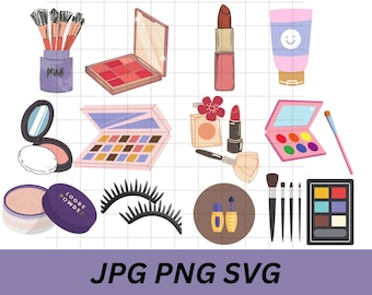 Puede incluir: Un conjunto de artículos de maquillaje coloridos, que incluyen paletas de sombras de ojos, rubor, lápiz labial, pinceles y delineador de ojos. Los artículos están dispuestos sobre un fondo de cuadrícula blanca. El texto "Loose Powder" es visible en un recipiente morado.