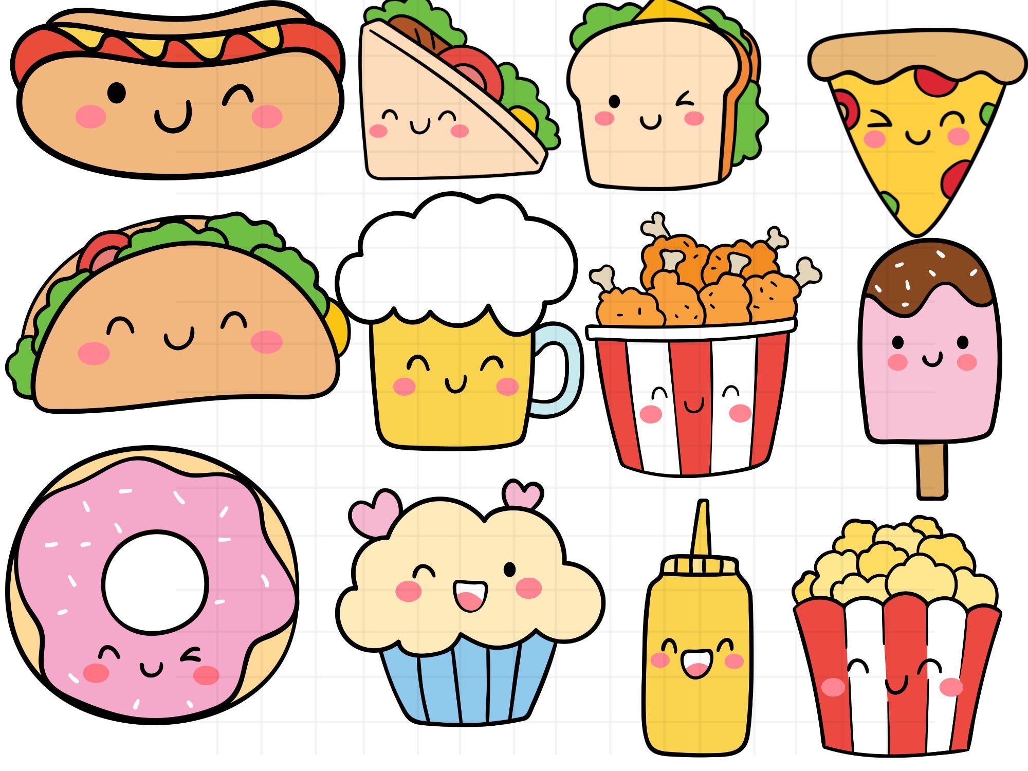Kawaii Essen Clipart's Niedliche Lebensmittel Grafik's Kawaii PNG Bundle's Druckbare Aufkleber Kommerzielle Nutzung