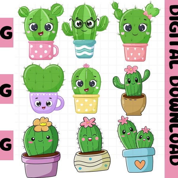 Cute Cactus SVG Clipart\ Cacti PNG Bundle\ Kawaii Cactus\ Cricut Cutting Files\ Commercial Use\ Instant Download