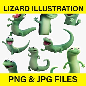 May include: A collection of green lizard illustrations featuring various poses and expressions. The lizards have large eyes, smooth skin, and rounded features. The text LIZARD ILLUSTRATION and PNG & JPG FILES is displayed in black on a yellow background.