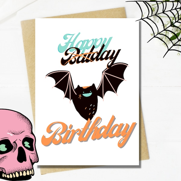 Happy BATday Birthday Card Bat Pun Printable 5x7" Spooky Theme Goth Kid Funny Joke Birthday Card Print at Home on Letter/A4