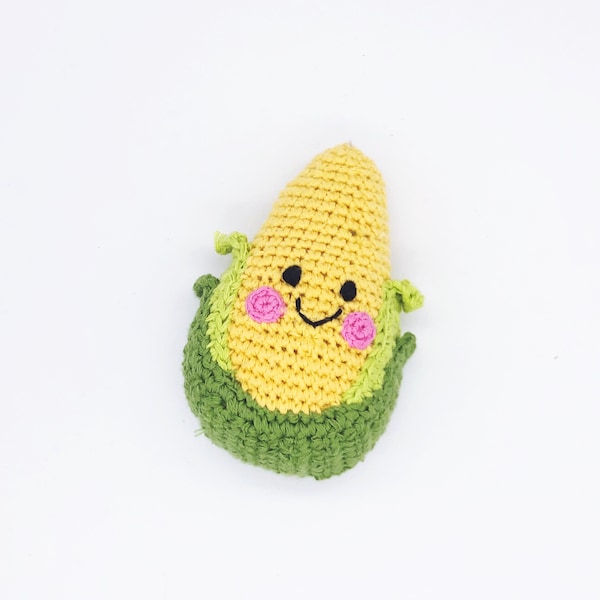 Happy Corn - Hochet au crochet| Coton| Jouet pour bébé| Hochet jouet| Cadeau bébé| Fabriqué de manière éthique| Certifié commerce équitable