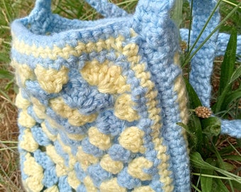 handmade granny square mini purse blue and yellow