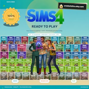 以下が含まれることがあります： The Sims 4のデジタル広告。拡張パック、ゲームパック、スタッフパックのグリッドが表示されています。中央には3人のキャラクターが立ち、1人が光る紫色のオブジェクトを持っています。テキストには「The Sims 4」、「Ready to Play」、「creatoristico.etsy.com」が含まれています。