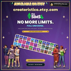 Może przedstawiać: Cyfrowa grafika promocyjna gry The Sims 4 z tekstem creatoristico.etsy.com, NO MORE LIMITS. FULL UNIVERSE. oraz siatką 33 ikon dodatków do gry. Pięć animowanych postaci stoi na tle w kolorze fioletowym.