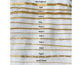 May include: A chart showing different types of gold chains, including snake, herringbone, ball, cuban, vine, rope, clip, figaro, and bead.