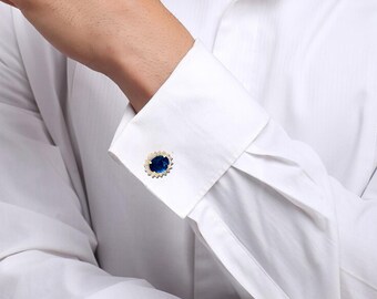 Sterling Silver Cufflinks: Blue Cubic Zirconia, Groom Accessories
