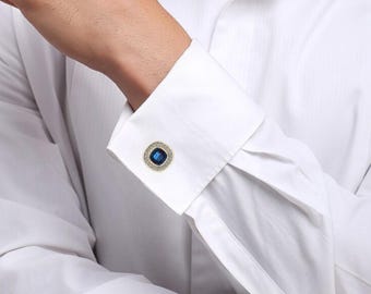 Sterling Silver Cufflinks: Blue Cubic Zirconia, Groom Accessories