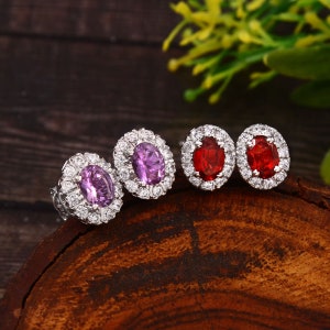 Amethyst & Garnet Birthstone Earring Studs in Solid 925 Sterling Silver, Anniversary gift for her, Christmas Gift, Real Gemstones, Natural