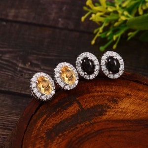 Citrine & Black Onyx Oval Birthstone Earring Studs in Solid 925 Sterling Silver, Wedding gift for her, Christmas, Natural Gemstones