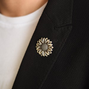 Oxidized Sterling Silver Sunflower Brooch Pin: Floral Jewelry