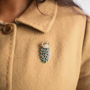 Sterling Silver Peacock Brooch: Enamel Pin with Cubic Zirconia