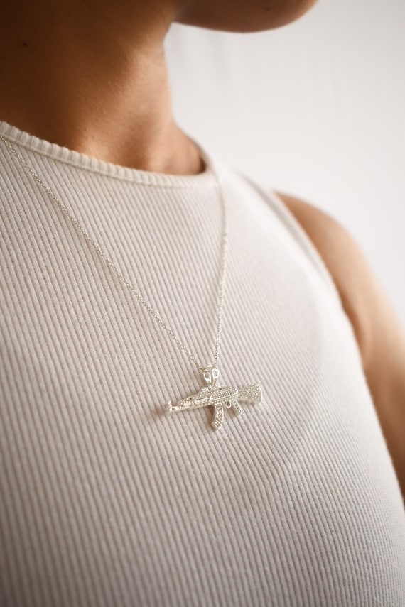 925 Silver Ak47 Iced Out Pendant, Gun Necklace, 00s Hip Hop