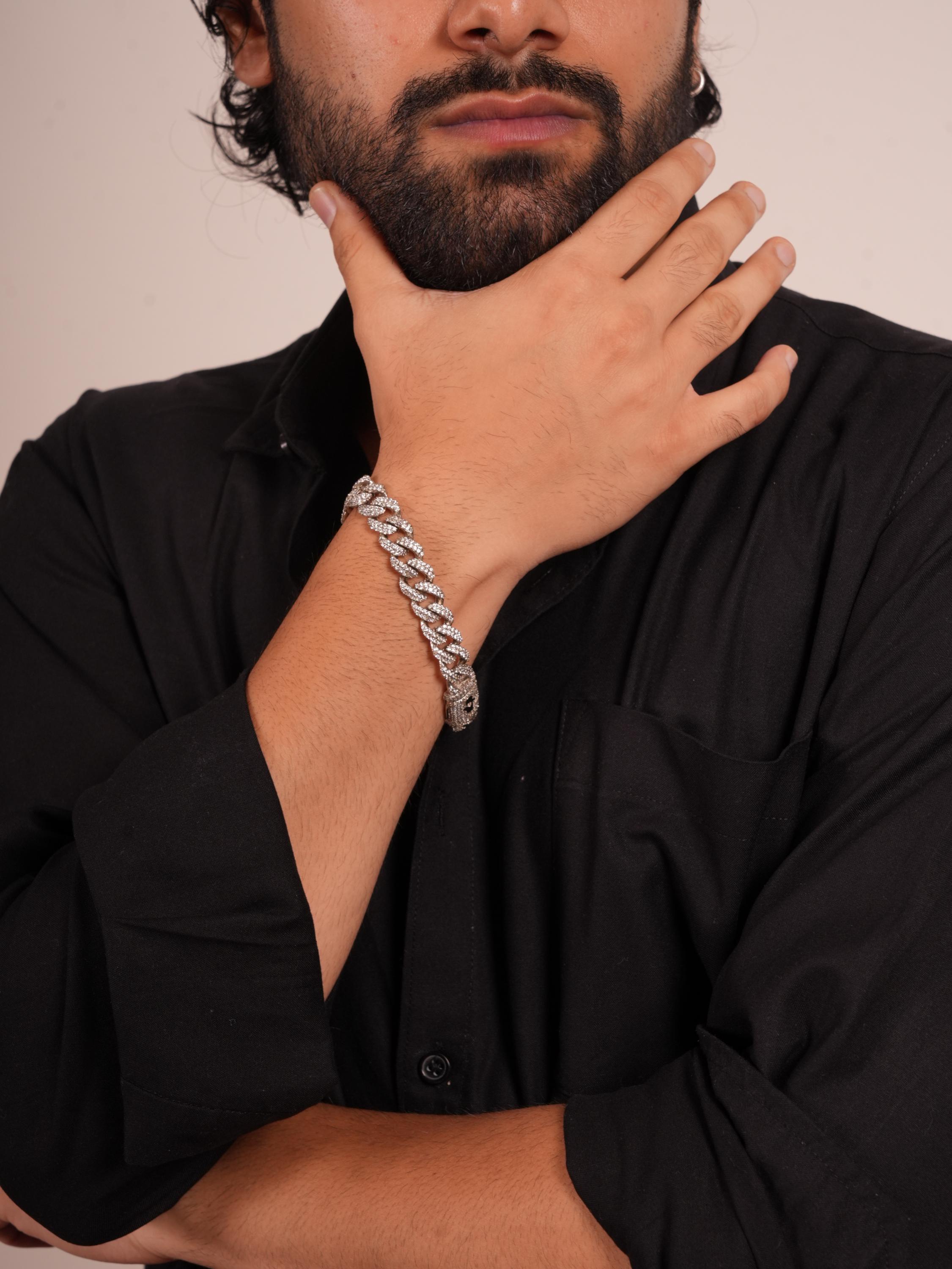 Iced Out Cuban Link Bracelet: 18k White Gold Plated Stainless Steel, 10mm