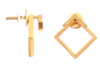 May include: A pair of gold earrings, one with a simple curved design and the other with a square frame.