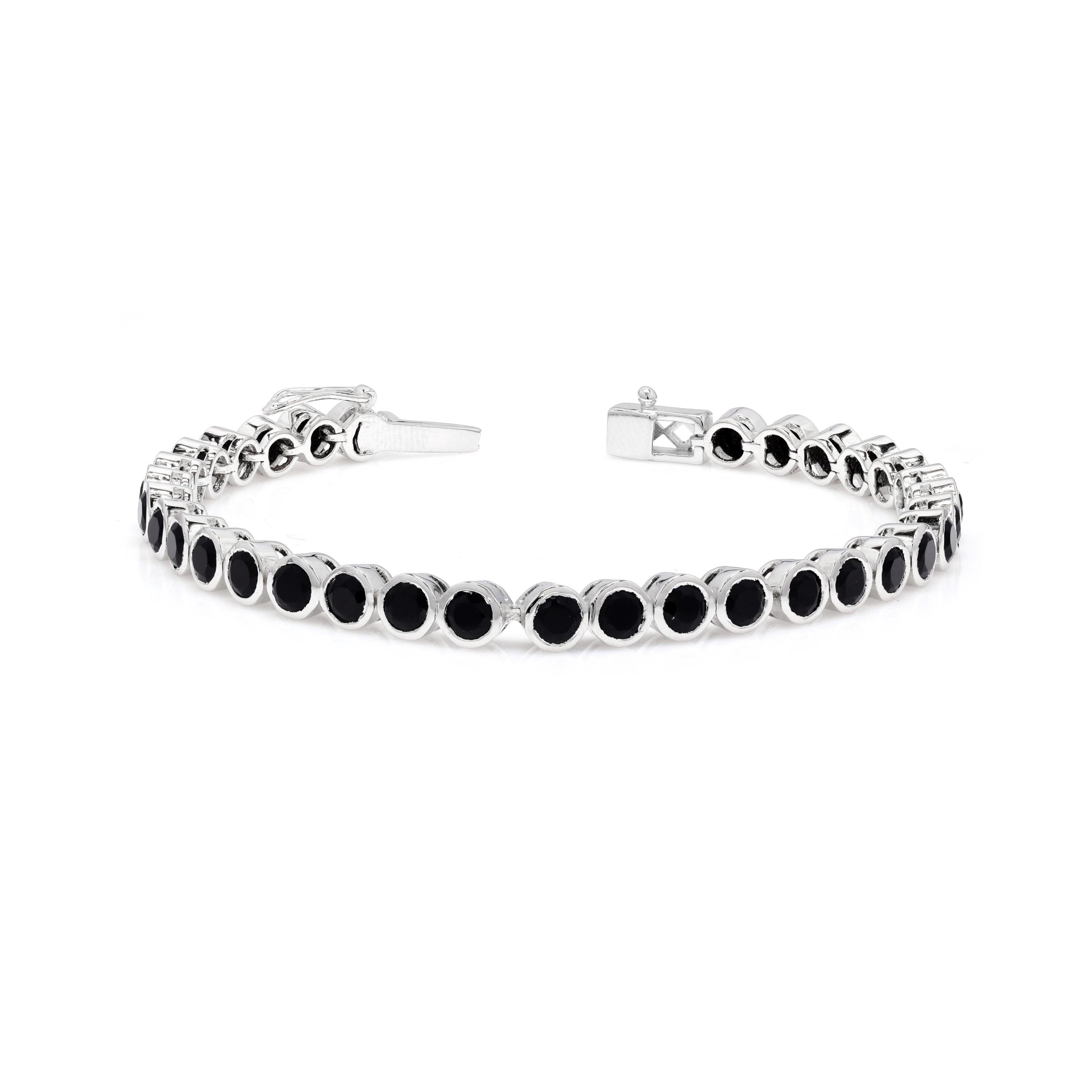 ブラックオニキス テニスブレスレット：925スターリングシルバーベゼル