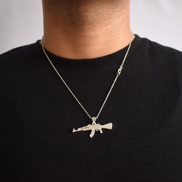 925 Silver Ak47 Iced Out Pendant, Gun necklace, 00s Hip Hop, cadeau pour homme