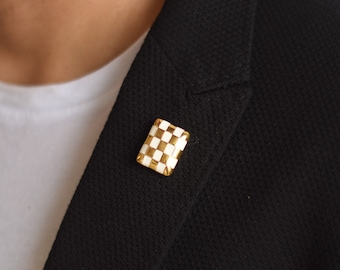 18K Gold Checkered Brooch pin, Square Shape Brooch, Enamel art, Bestseller Jewelry, Gift for dad