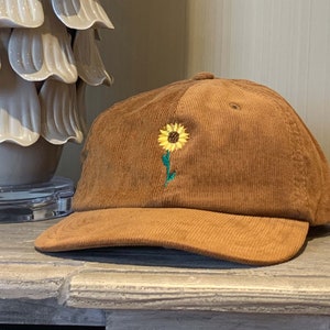 Embroidered Motif Corduroy Cap - Sunflower - Birth Flower