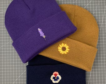 Custom Floral Embroidered Beanie Choose Your Flower Design and