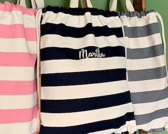 Personalised Striped Canvas Drawstring Bag | Custom Embroidered Gym, P.E. or Beach Bag