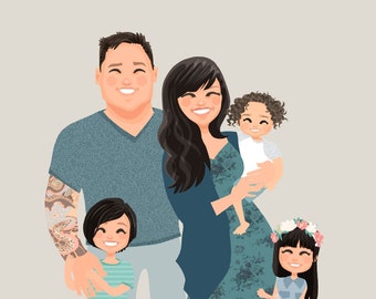 Family of 5 custom portrait. Personalized family portrait. Anniversary Gift. Father's Day Gift. Family Drawing. Custom portrait. Drawing.