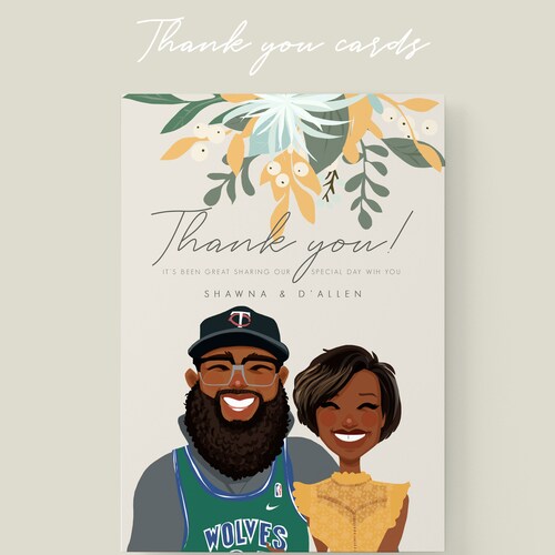 Wedding invitations and thank you cards set. Personalized drawing. RSVP. Cell phone wedding invites. Save the dates. Custom wedding sold invites