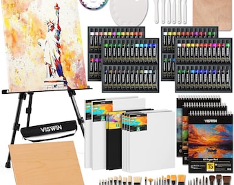 Complete Oil Painting Set: Beech Wood Easel, 96 Acrylic Paints, Canvases