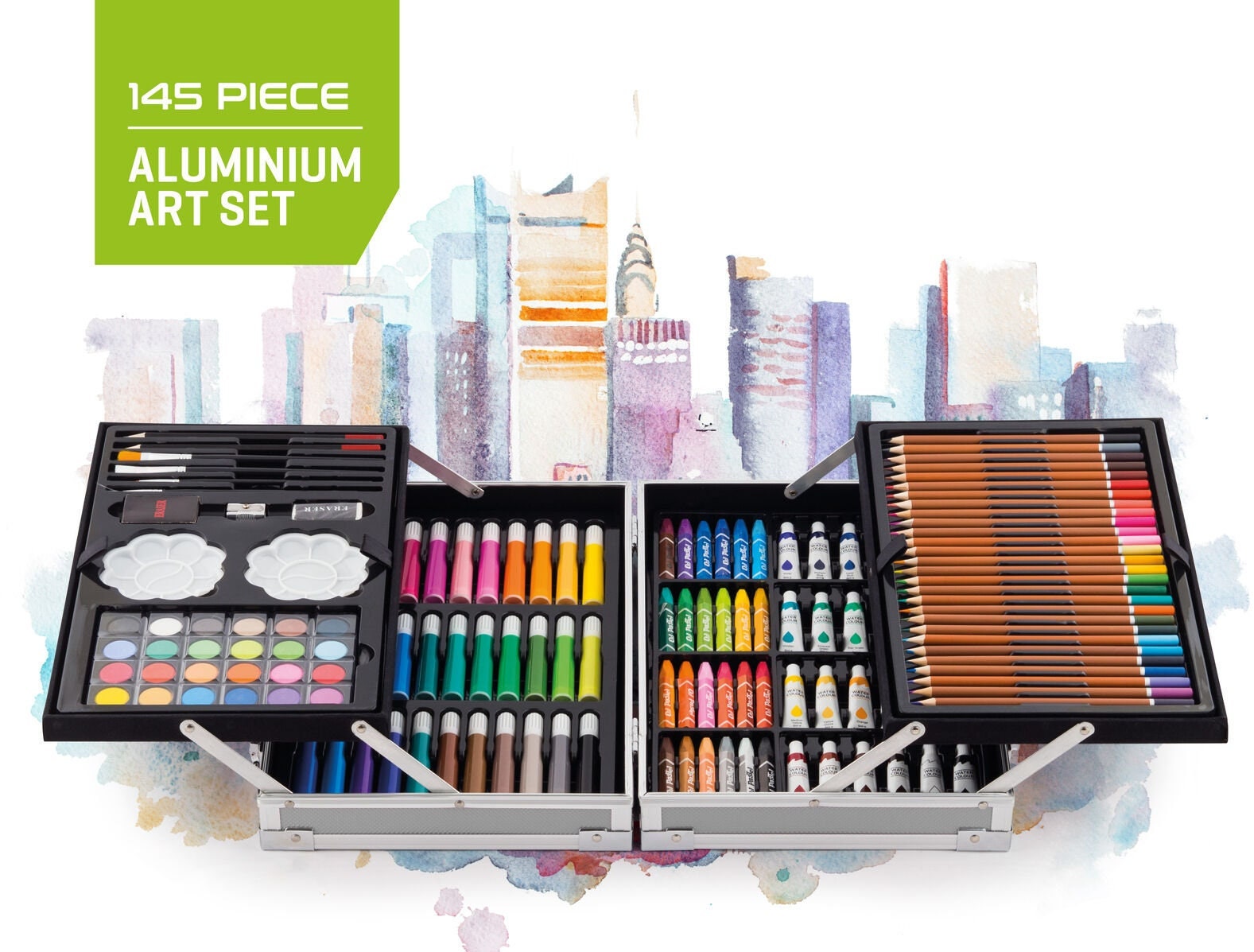 145 Piece Deluxe Art Set, Wooden Art Box & Drawing Kit Crayons