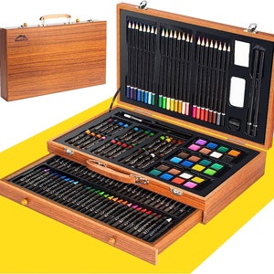 141 Pieces Deluxe Drawing Kit in Wooden Case with Crayons, Oil Pastels, Colored Pencils, Sketch Pencils, Watercolor Cake, ART SET