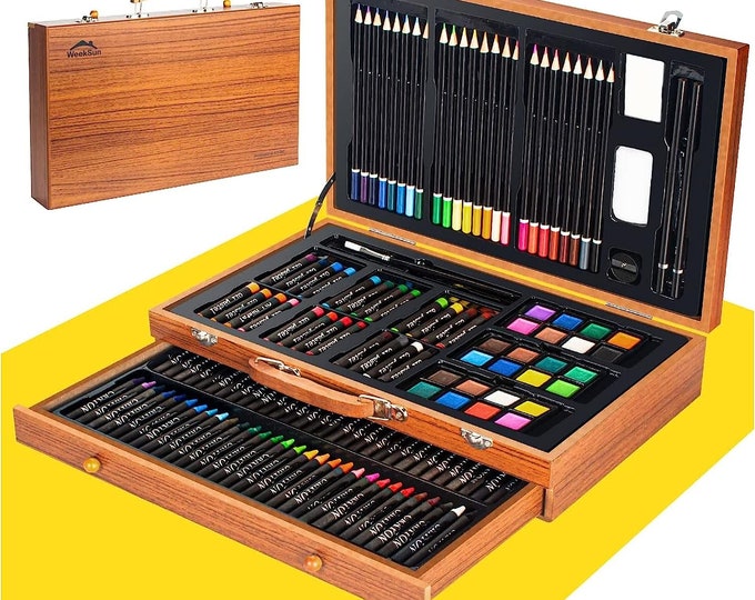 141 Pieces Deluxe Drawing Kit in Wooden Case with Crayons, Oil Pastels, Colored Pencils, Sketch Pencils, Watercolor Cake, ART SET