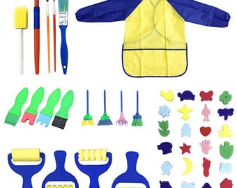 Kids Art Set: Sponge Painting Brushes, Apron, and Patterns (42 Pcs)