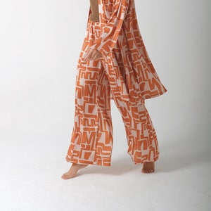 Orange Satin Wide-Leg Pants with Geometric Patterns – Elastic Waist Trousers – Sustainable Handmade Pants – Artsy Fashion & Summer Outfit