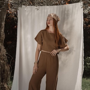 Brown Muslin Pants – Earth Tone Cotton Wide Leg Trousers, Relaxed Fit High Waist, Organic Everyday Comfort, Artsy Fashion & Summer Outfit
