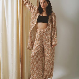 Brown Satin Wide-Leg Pants with Geometric Prints – Elastic Waist Lounge Trousers – Sustainable Handmade Pants –Artsy Fashion & Summer Outfit