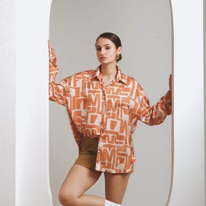 Orange Satin Shirt Geometric – Handmade Oversized Blouse – Sustainable Button-Up Top – Long Sleeve Satin Shirt–Artsy Fashion & Summer Outfit