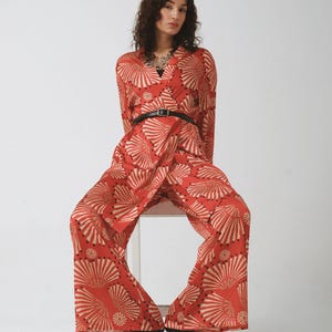 Red Satin Wide-Leg Pants with Fan Patterns – Comfortable Elastic Waist Trousers – Handmade Sustainable Pants – Artsy Fashion & Summer Outfit