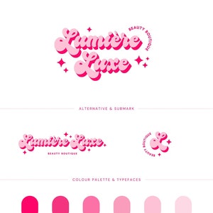 Semi Custom Pink Retro Logo, Pretty Beauty Brand Bundle, Funky Logo Brand Kit, Boho Pre-made Vintage Logo Design, Hippie 70s Bohemian Logo
