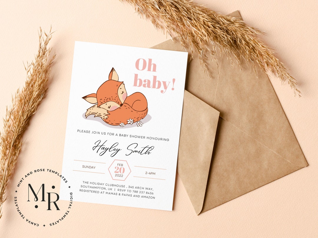 Fox Baby Shower Invitation Pack, Baby Fox Boy Girl, Printable, Editable ...