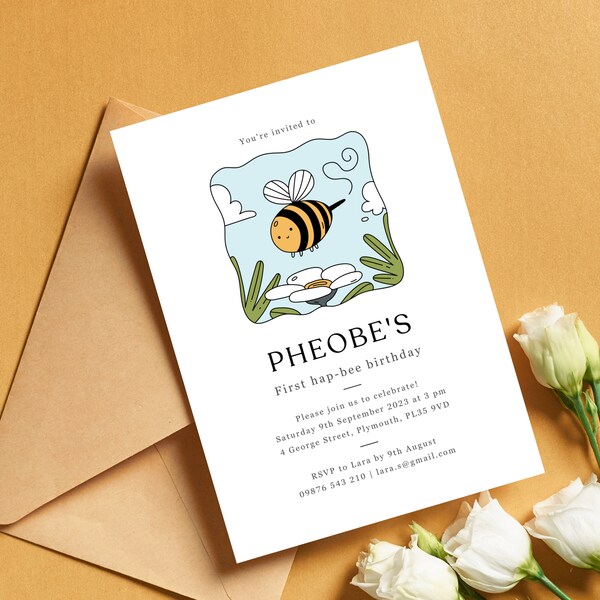 Cute Bee Birthday Invitation Template, 1st Birthday Invitation, Cute First Birthday Invitation, Printable CANVA Birthday invitation Template