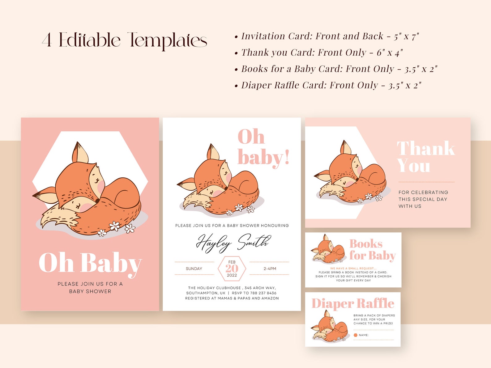 Fox Baby Shower Invitation Pack, Baby Fox Boy Girl, Printable, Editable ...